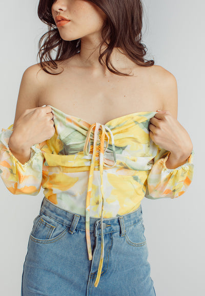 Leslie Multicolor Floral Print Off Shoulder Long Sleeve Crop Top