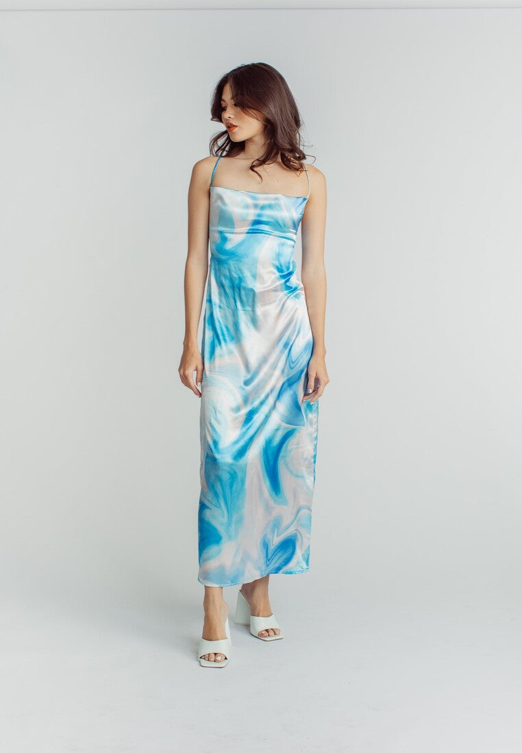 Aquamarine Blue Tie Dye Print Cowl Neck Sleeveless Maxi Dress