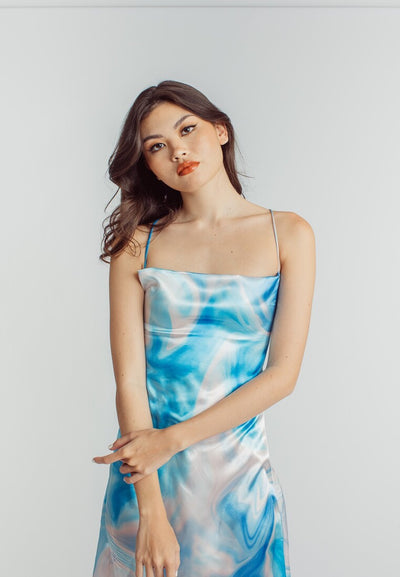 Aquamarine Blue Tie Dye Print Cowl Neck Sleeveless Maxi Dress