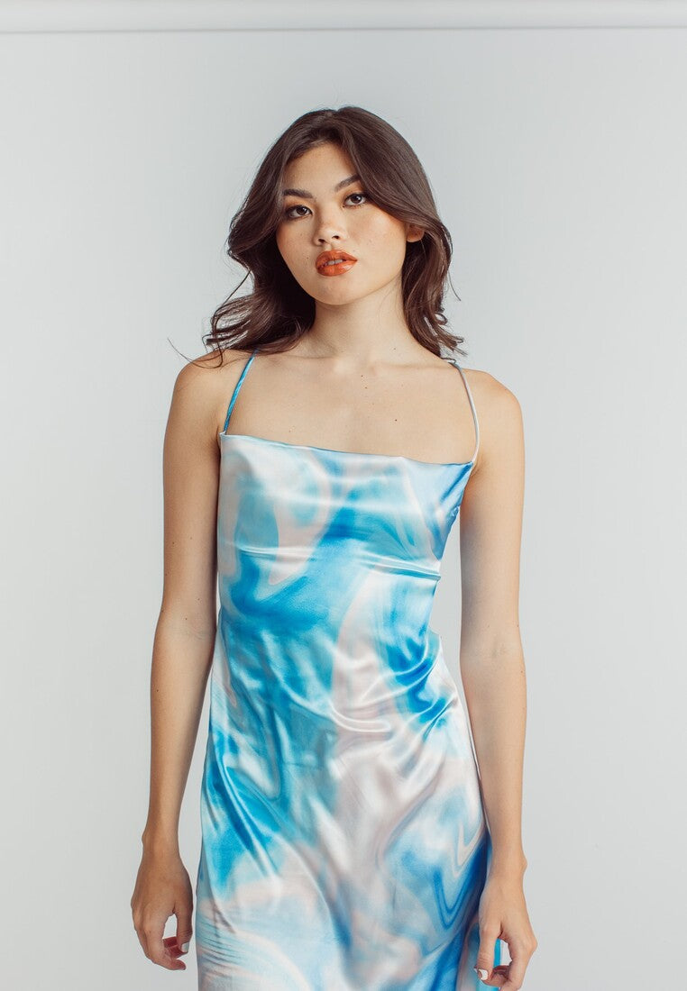 Aquamarine Blue Tie Dye Print Cowl Neck Sleeveless Maxi Dress