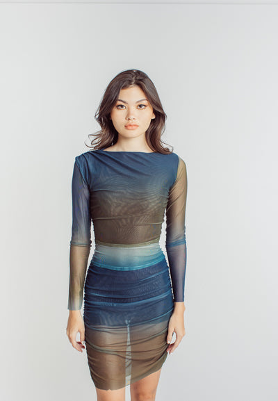 Onyx Multicolor Crew Neckline Long Sleeve Pleated Mini Dress