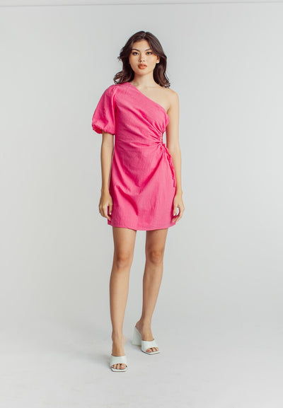 Fiona Pink Asymmetric Neckline One Side Short Sleeve Mini Dress