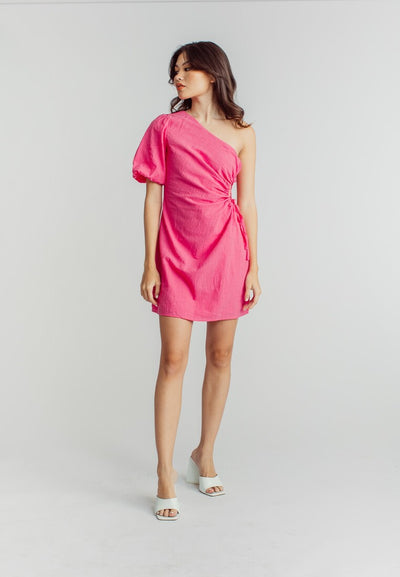 Fiona Pink Asymmetric Neckline One Side Short Sleeve Mini Dress