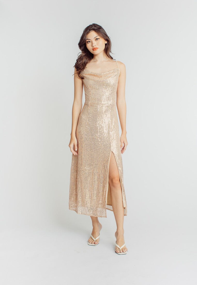 Kyra Beige Cowl Neck Sleeveless Sequins Elegant Midi Dress with Slit