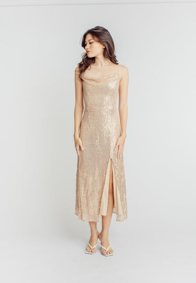 Kyra Beige Cowl Neck Sleeveless Sequins Elegant Midi Dress with Slit