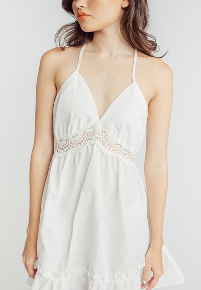 Maja White Lace Halter V Neck Sleeveless Open Back Ruffle Hem Mini Dress