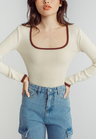 Chisa Beige Knitted Square Neck Brown Lining Long Sleeves Top