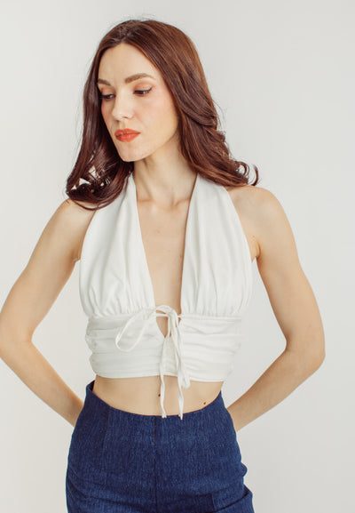 Lizzy White Deep V Neckline Halter Sleeveless Open Back Top