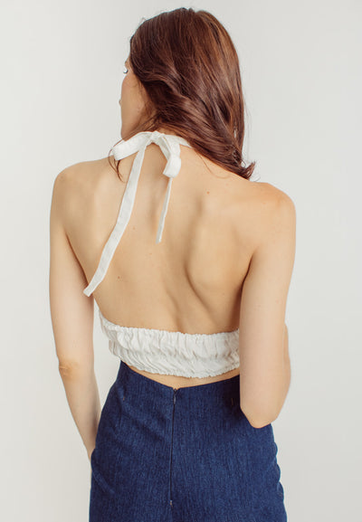 Lizzy White Deep V Neckline Halter Sleeveless Open Back Top