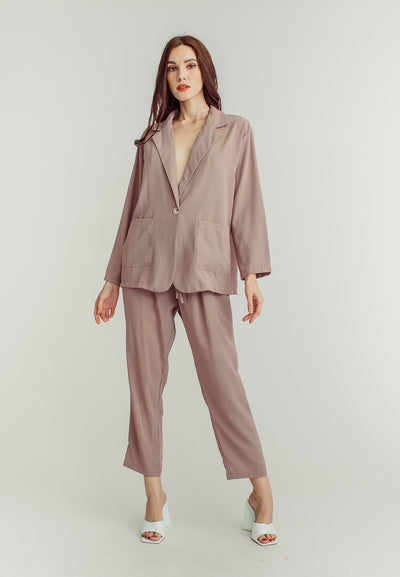 Janela Pink Deep V Neckline and Straight Cut Trouser Set