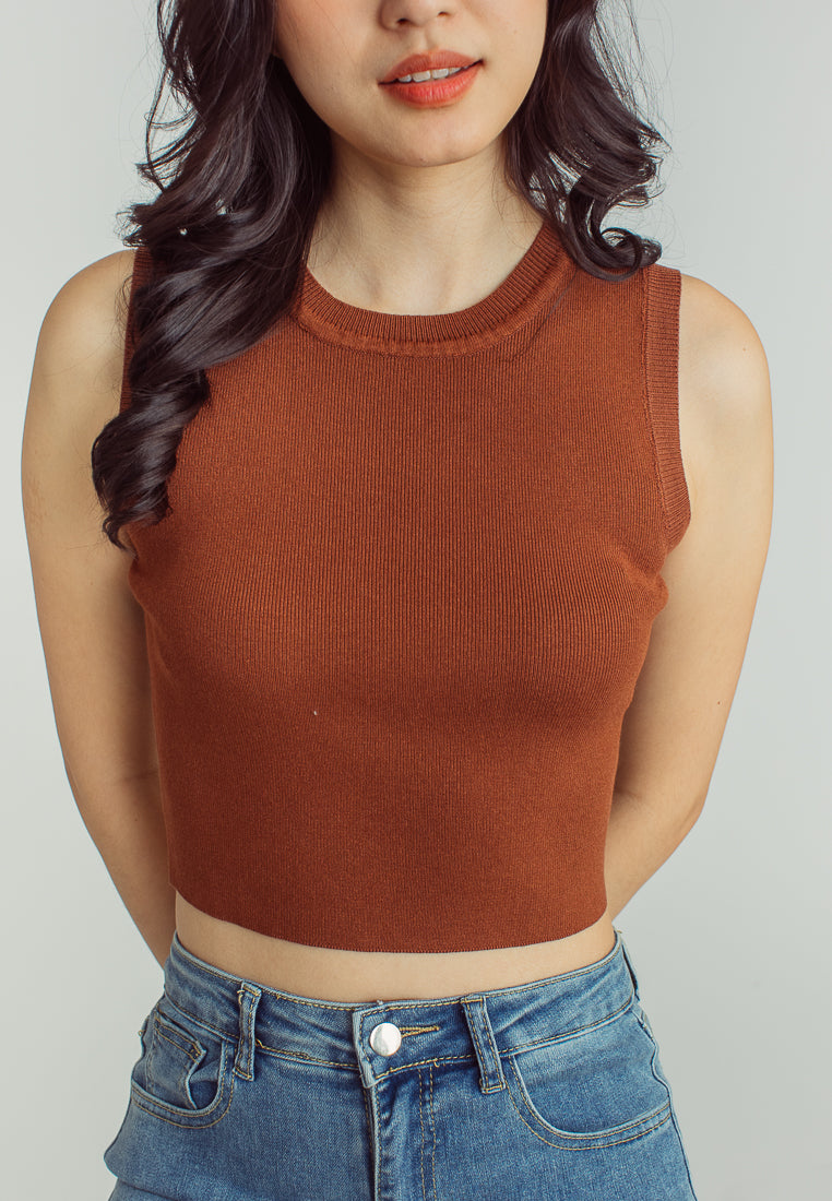 Anika Brown Round Neck Sleeveless Knitted Top