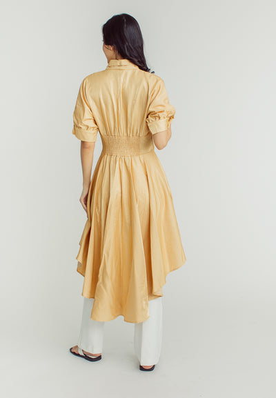 Tess Gold 3/4 Sleeve with Collar Deep V-Neckline Long Back Midi Dress