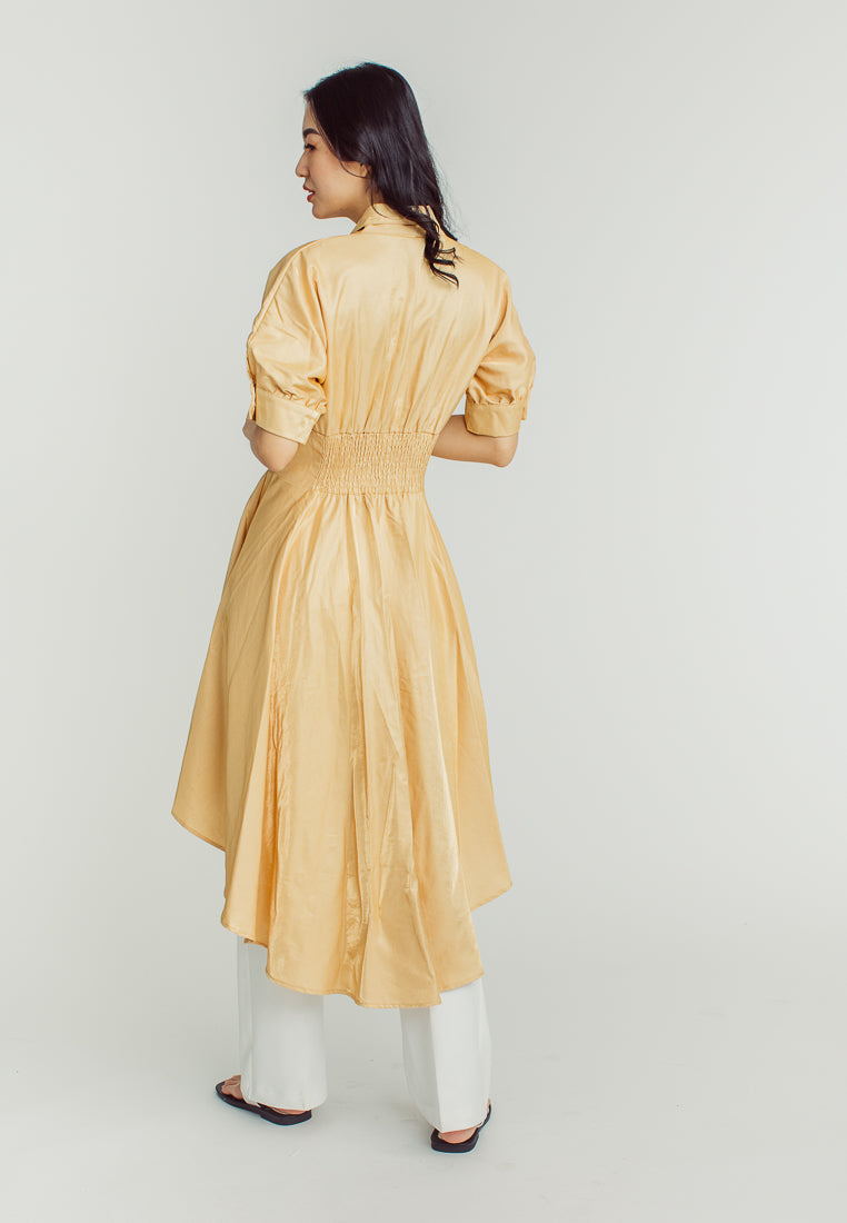 Tess Gold 3/4 Sleeve with Collar Deep V-Neckline Long Back Midi Dress