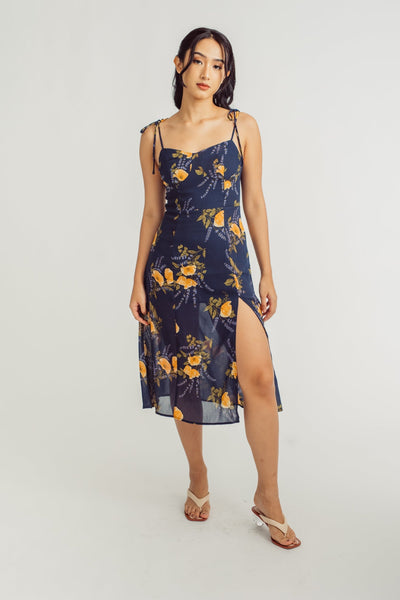 Nellah Blue Floral Print Shaped Bust Sleeveless Self Tie Midi Dress