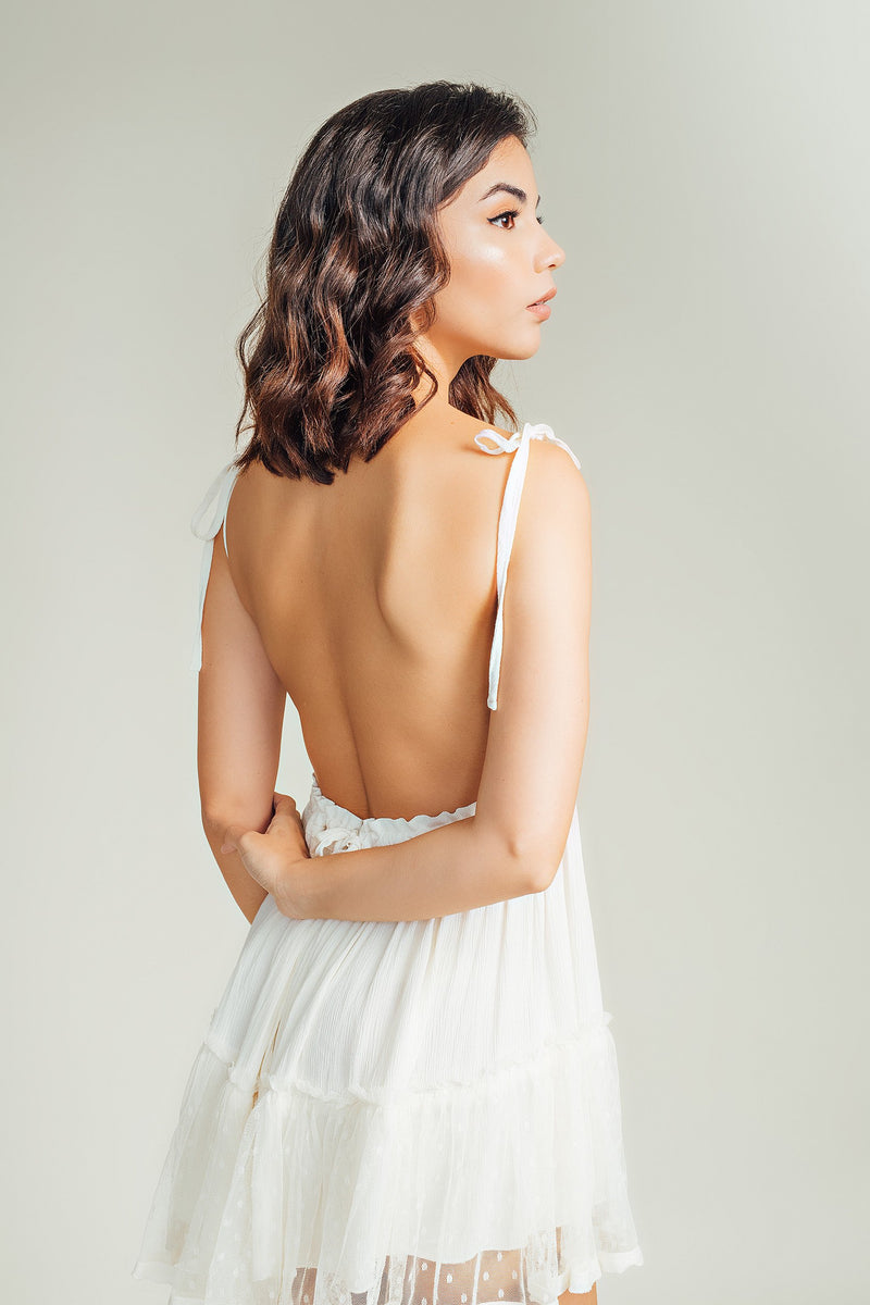 (PRE-ORDER: July 1,2024) Maple Cream Sleeveless Self Tie Sexy Back Layer Mesh Hem Mini Dress
