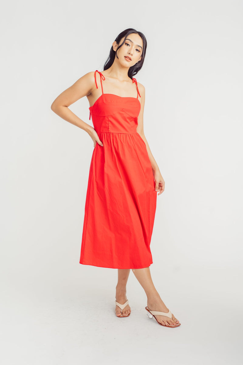 Eve Red Shaped Bust Sleeveless Self Tie Straps Midi Dress