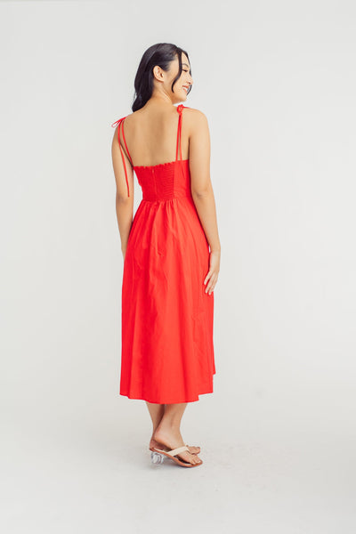 Eve Red Shaped Bust Sleeveless Self Tie Straps Midi Dress