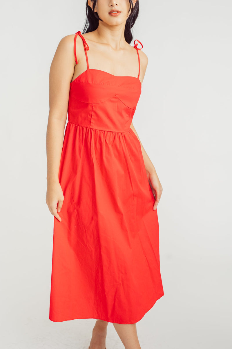 Eve Red Shaped Bust Sleeveless Self Tie Straps Midi Dress