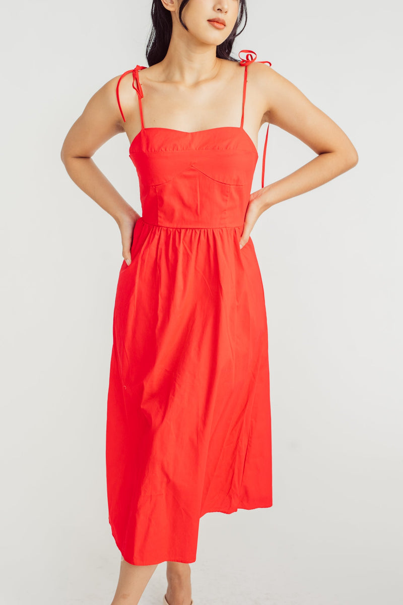 Eve Red Shaped Bust Sleeveless Self Tie Straps Midi Dress