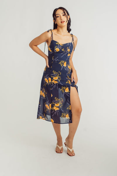 Nellah Blue Floral Print Shaped Bust Sleeveless Self Tie Midi Dress