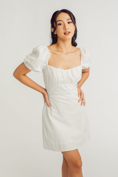 Faye White Square Neck Ruched Bust Short Sleeves Crisscross Back Mini Dress